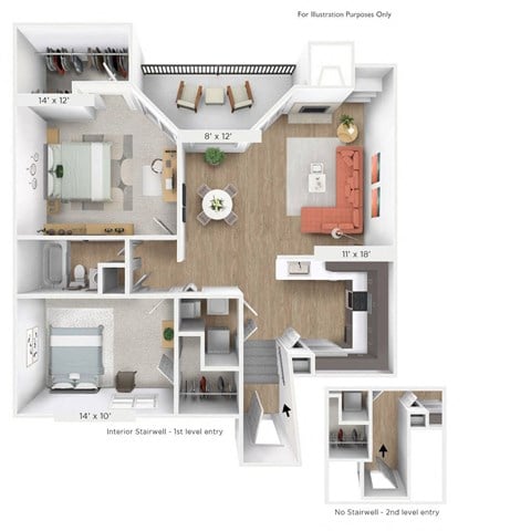 Floor plan for 2 beds, 1 bath, 1044 sqft